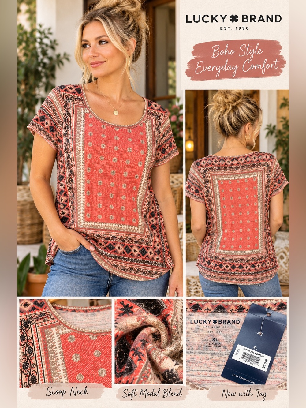 Lucky Brand Boho Bandana Print Modal Blend Top XL NWT